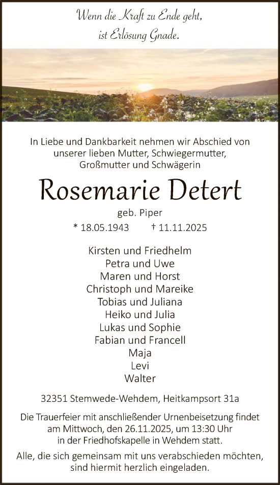 Traueranzeige von Rosemarie Detert von SYKS