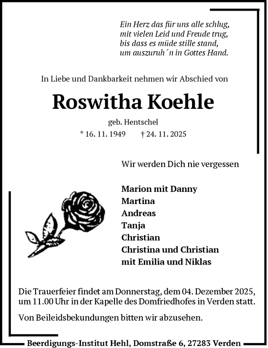 Traueranzeige von Roswitha Koehle von SYKS