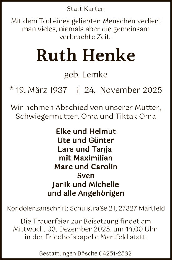 Traueranzeige von Ruth Henke von SYKS