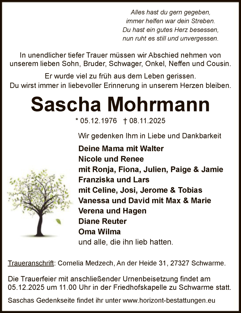  Traueranzeige für Sascha Mohrmann vom 29.11.2025 aus SYKS