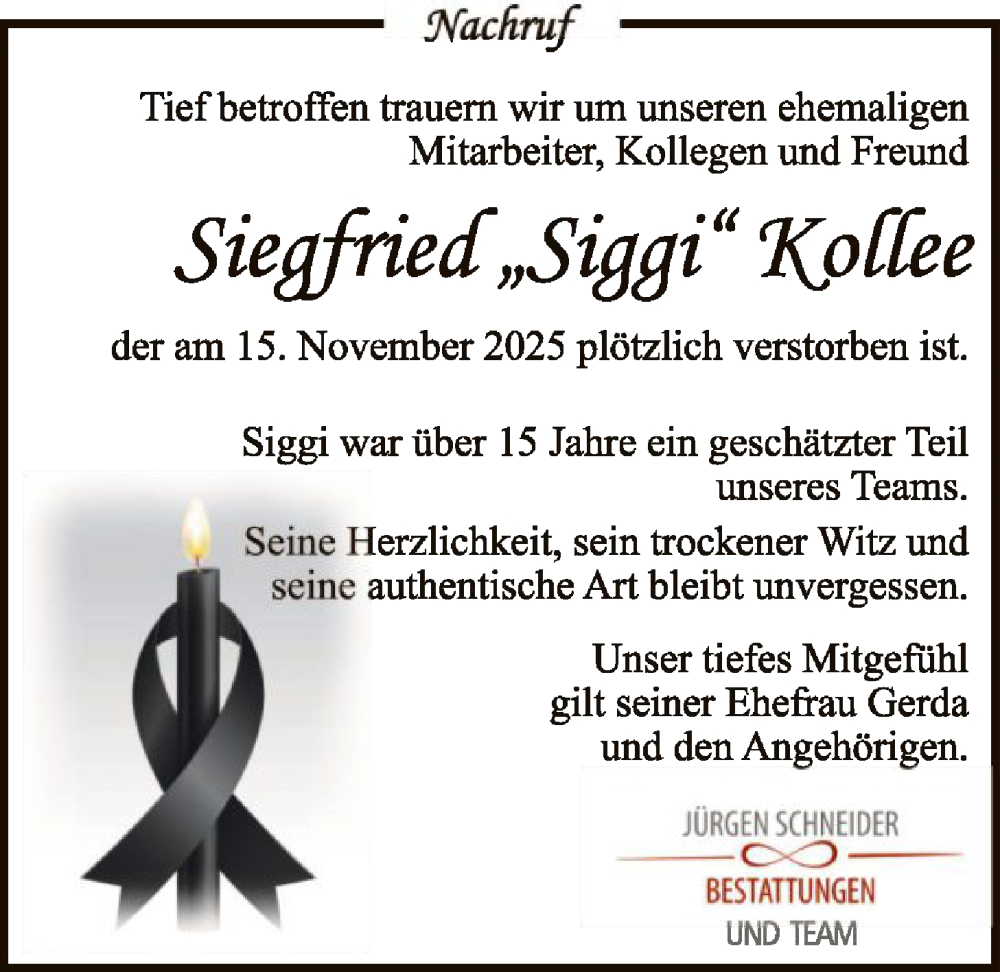  Traueranzeige für Siegfried Kollee vom 22.11.2025 aus SYKS
