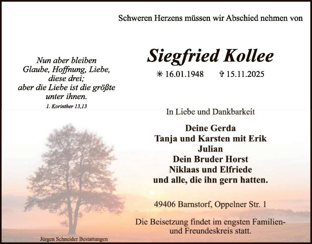 Traueranzeige für Siegfried Kollee vom 22.11.2025 aus SYKS