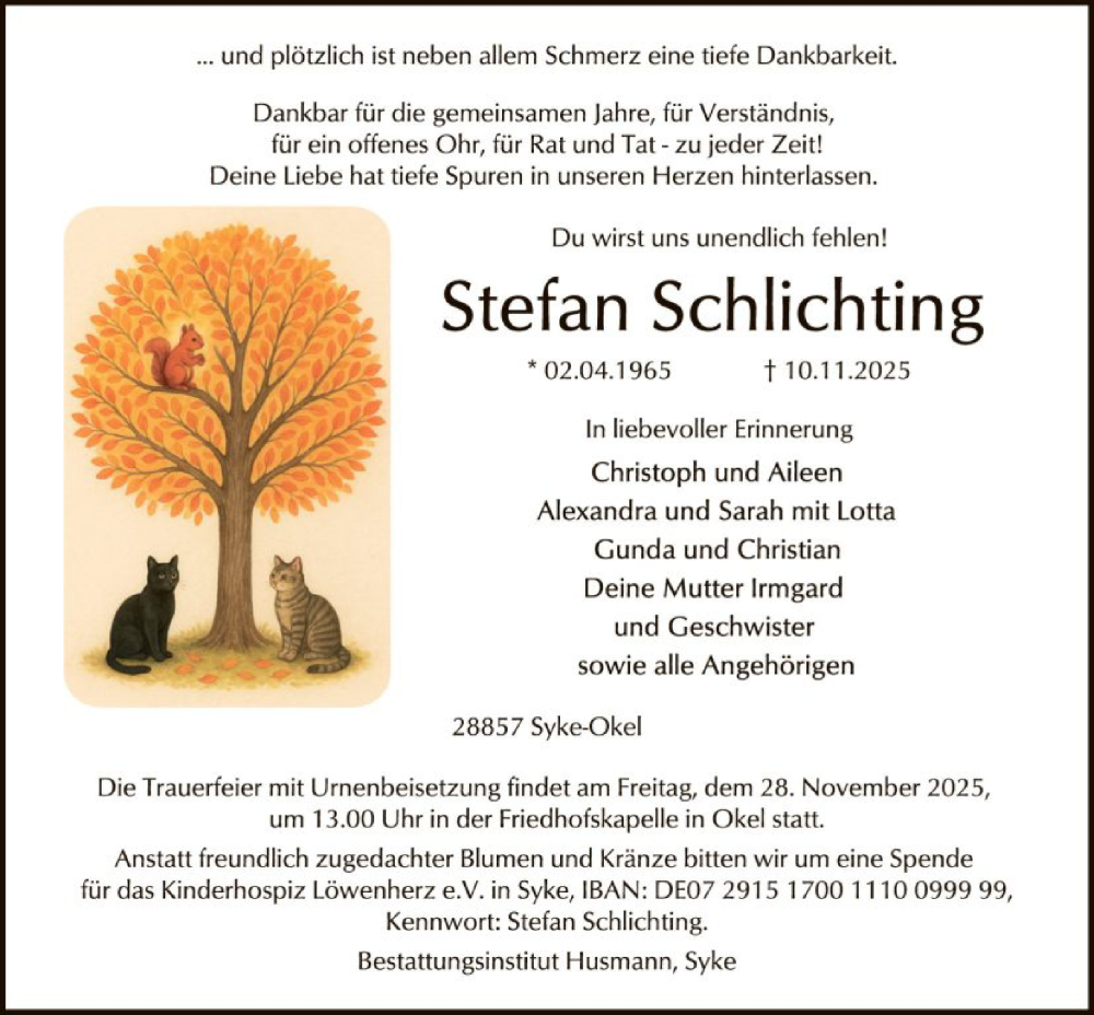  Traueranzeige für Stefan Schlichting vom 15.11.2025 aus SYKS