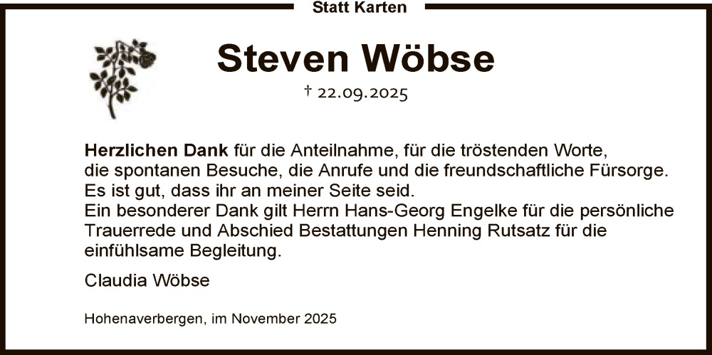  Traueranzeige für Steven Wöbse vom 22.11.2025 aus SYKS