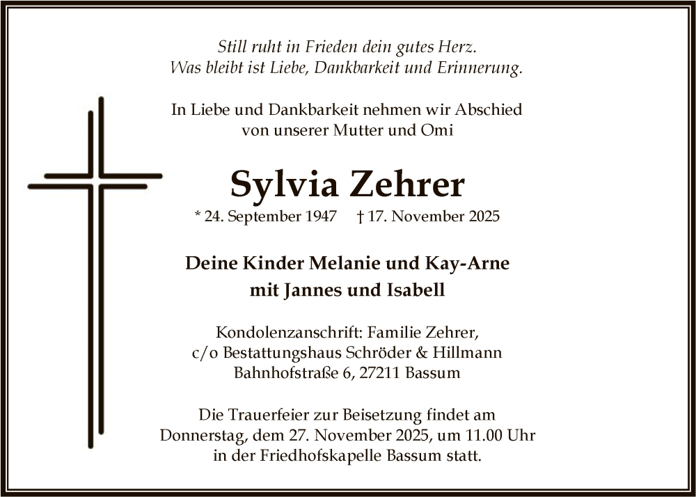  Traueranzeige für Sylvia Zehrer vom 22.11.2025 aus SYKS