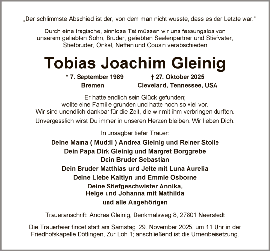Traueranzeige von Tobias Joachim Gleinig von SYWZ