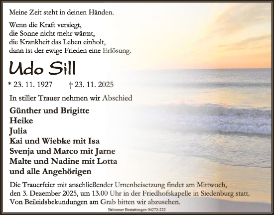 Traueranzeige von Udo Sill von SYKS