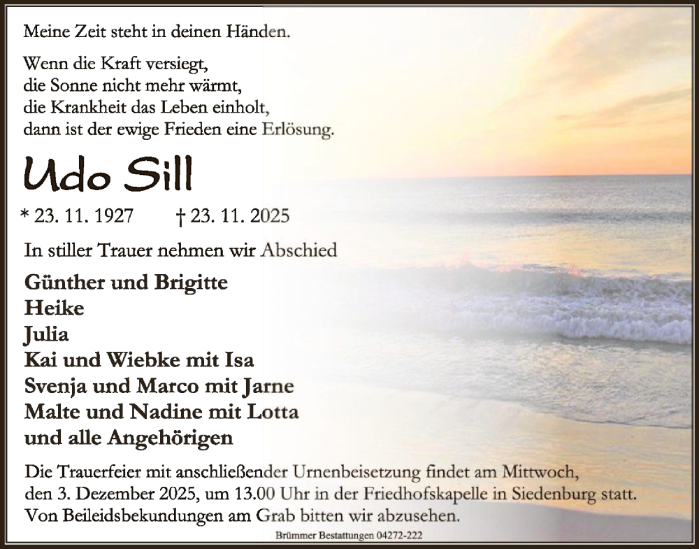  Traueranzeige für Udo Sill vom 27.11.2025 aus SYKS
