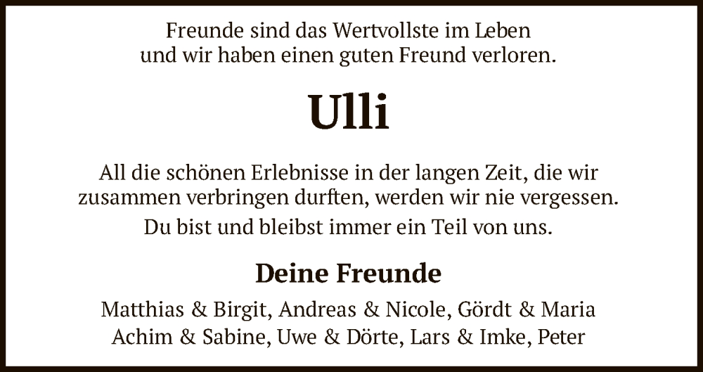  Traueranzeige für Ulli  vom 22.11.2025 aus SYKS