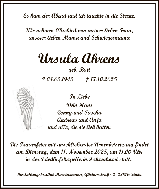 Traueranzeige von Ursula Ahrens von SYKS
