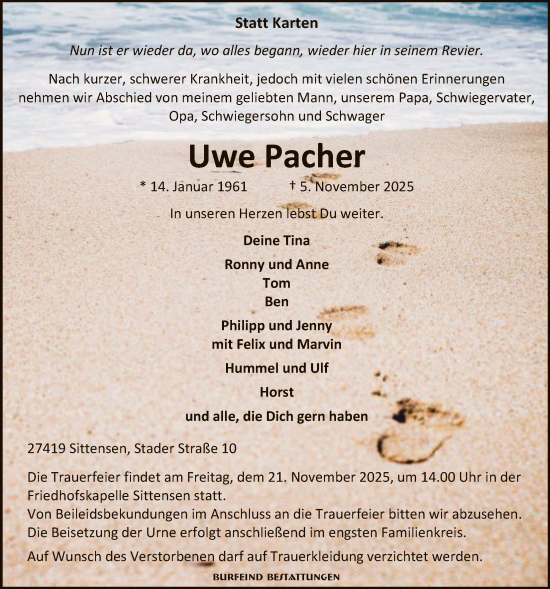 Traueranzeige von Uwe Pacher von SYKR