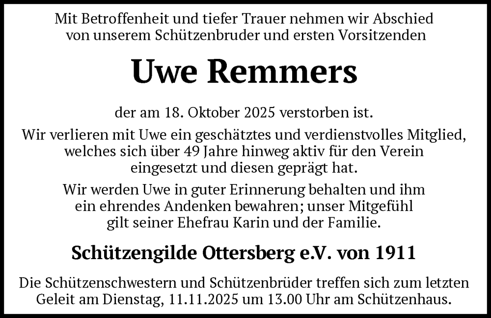  Traueranzeige für Uwe Remmers vom 01.11.2025 aus SYKS