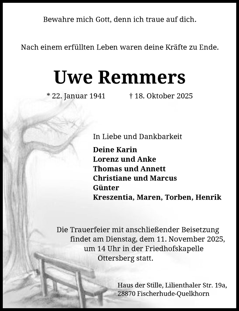  Traueranzeige für Uwe Remmers vom 01.11.2025 aus SYKS