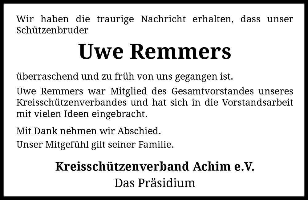  Traueranzeige für Uwe Remmers vom 01.11.2025 aus SYKS