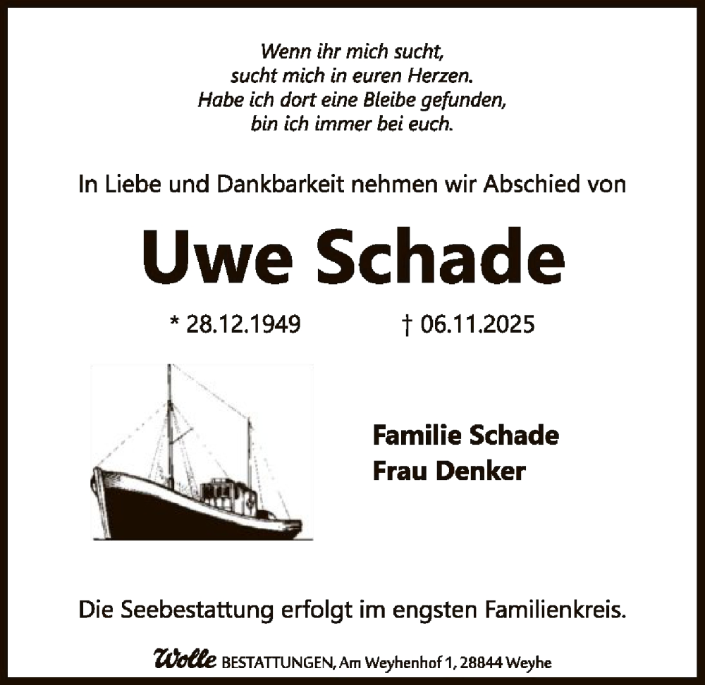  Traueranzeige für Uwe Schade vom 15.11.2025 aus SYKS
