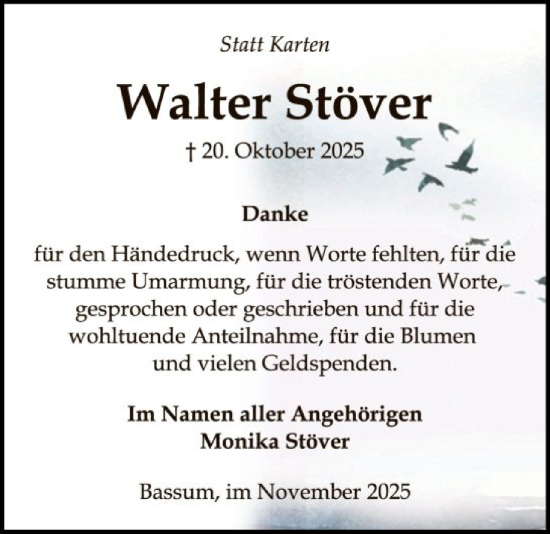Traueranzeige von Walter Stöver von SYKS