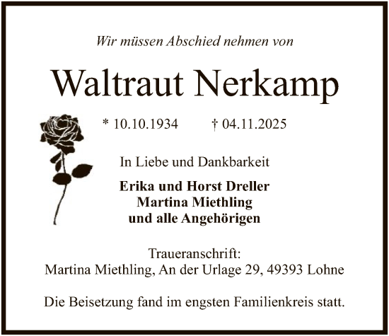 Traueranzeige von Waltraut Nerkamp von SYKS