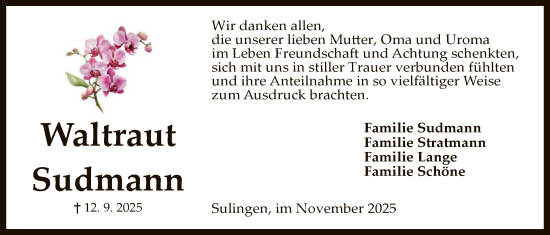 Traueranzeige von Waltraut Sudmann von SYKS