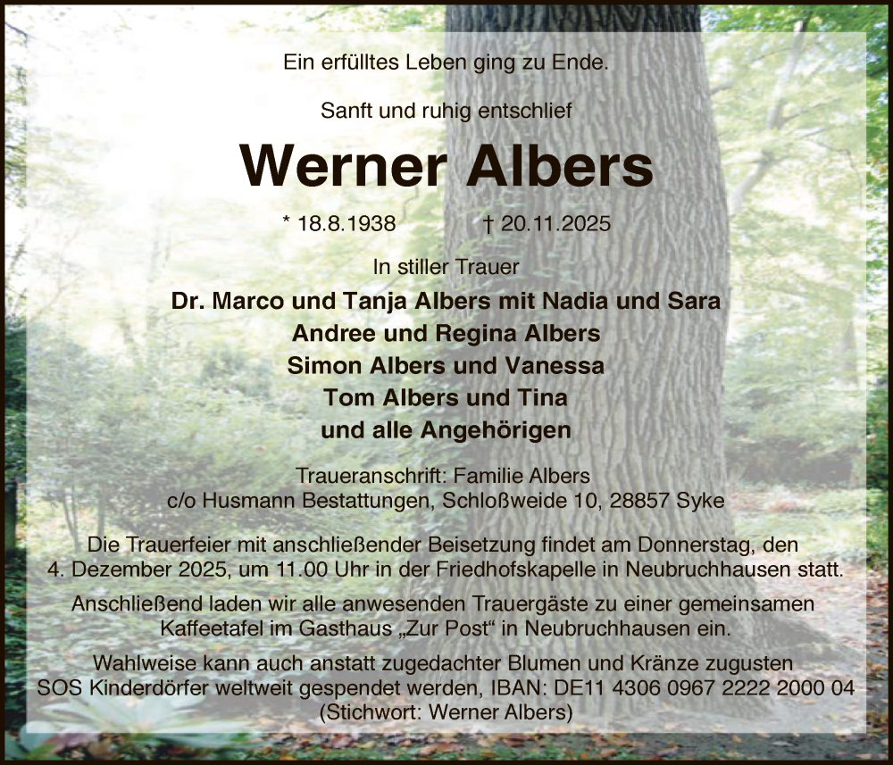  Traueranzeige für Werner Albers vom 29.11.2025 aus SYKS