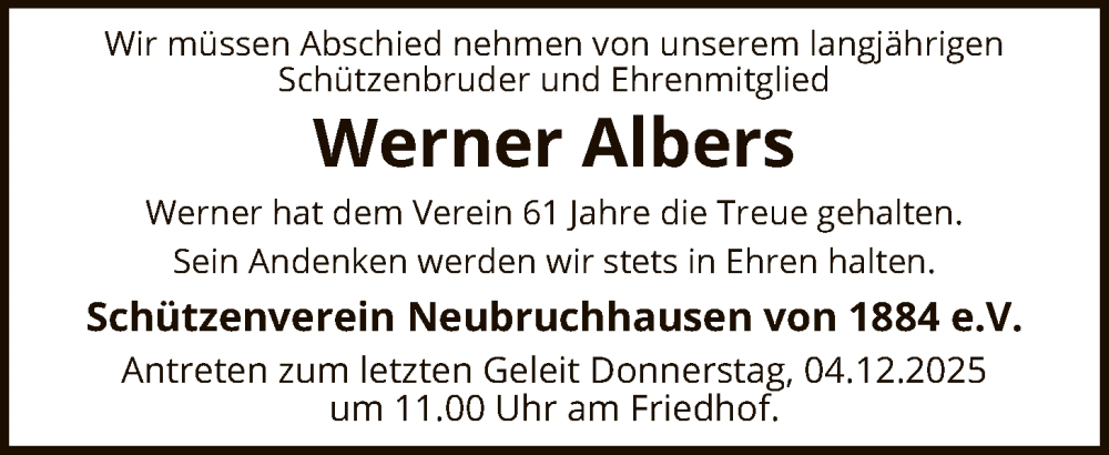  Traueranzeige für Werner Albers vom 29.11.2025 aus SYKS