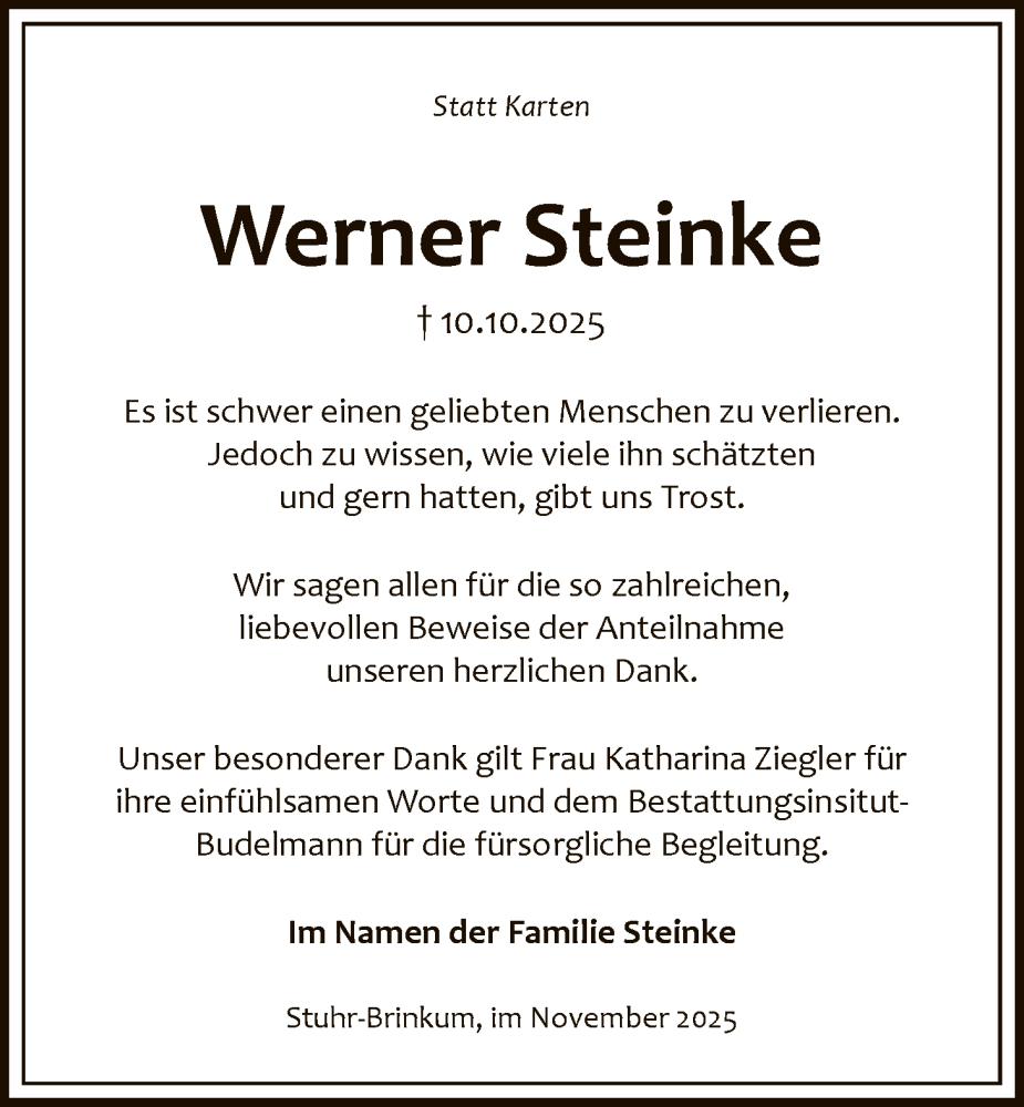  Traueranzeige für Werner Steinke vom 22.11.2025 aus SYKS