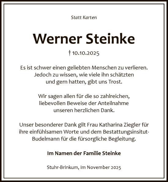 Traueranzeige von Werner Steinke von SYKS