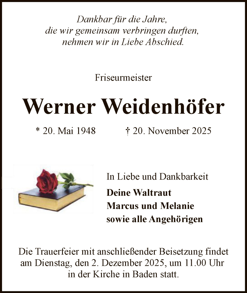  Traueranzeige für Werner Weidenhöfer vom 26.11.2025 aus SYKS