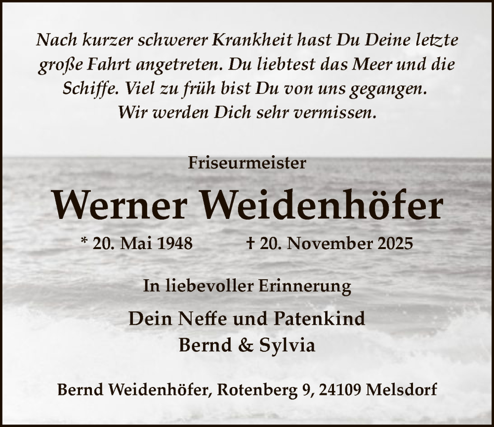  Traueranzeige für Werner Weidenhöfer vom 26.11.2025 aus SYKS
