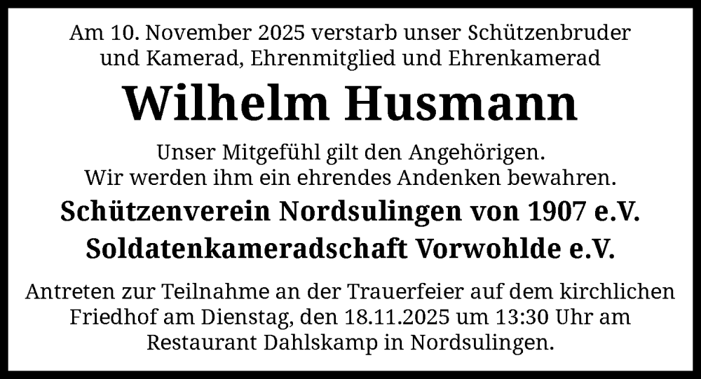 Traueranzeige für Wilhelm Husmann vom 12.11.2025 aus SYKS
