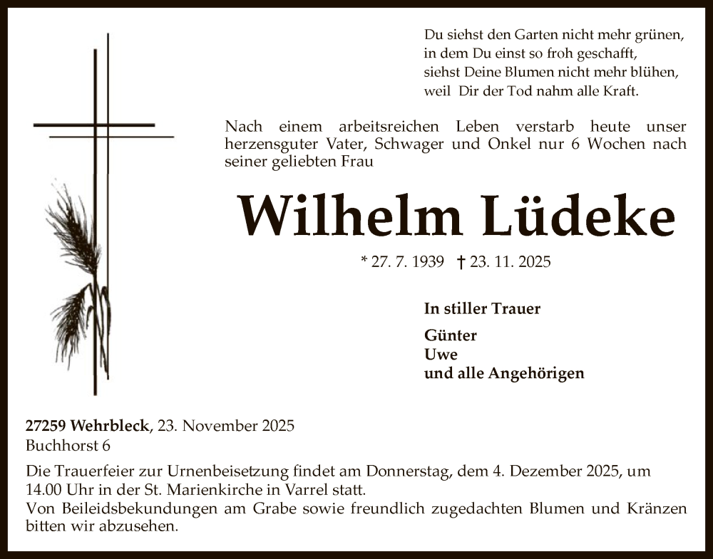  Traueranzeige für Wilhelm Lüdeke vom 29.11.2025 aus SYKS