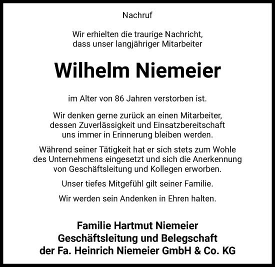 Traueranzeige von Wilhelm Niemeier von SYKS