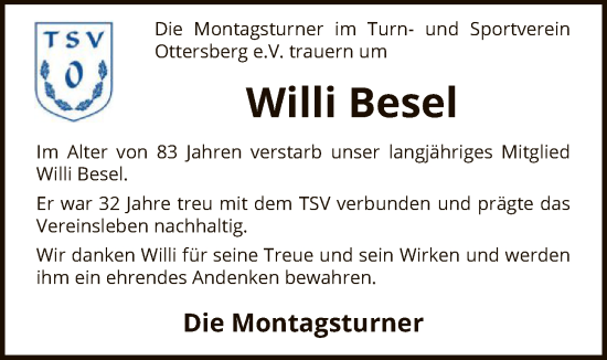 Traueranzeige von Willi Besel von SYKS