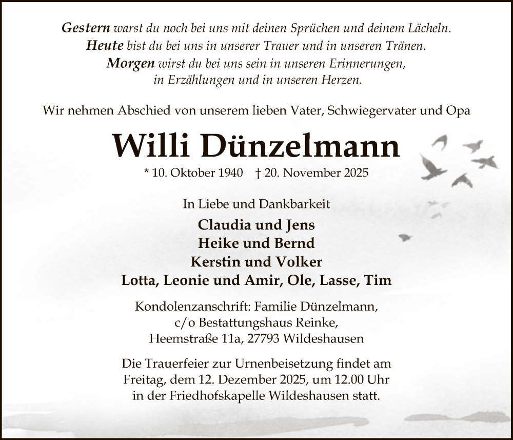  Traueranzeige für Willi Dünzelmann vom 26.11.2025 aus SYWZ