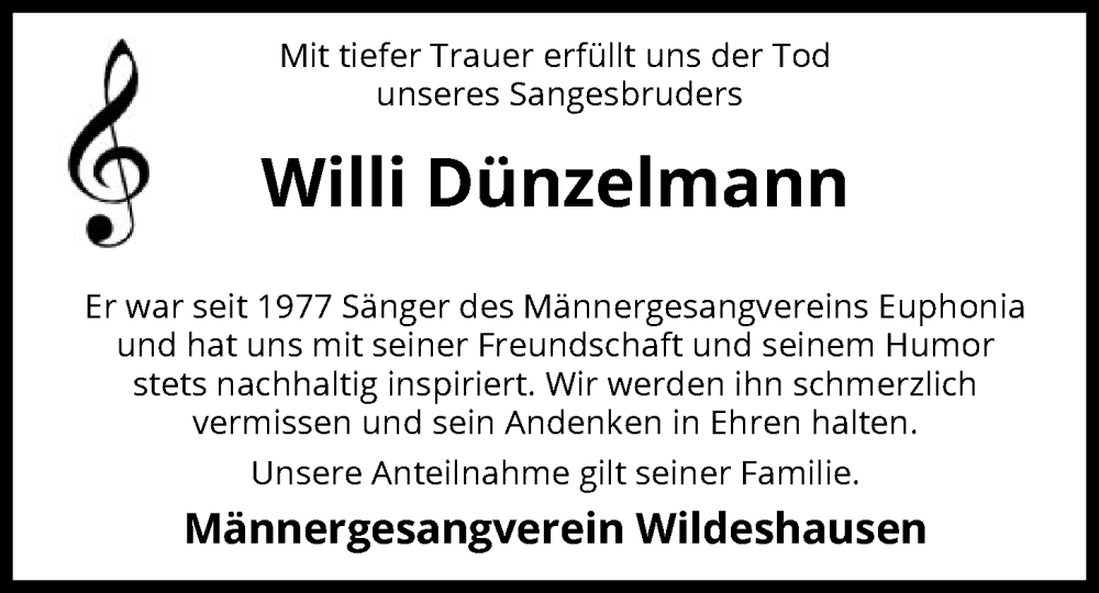  Traueranzeige für Willi Dünzelmann vom 29.11.2025 aus SYWZ