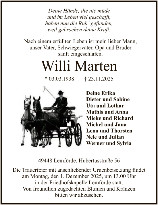 Traueranzeige von Willi Marten von SYKS