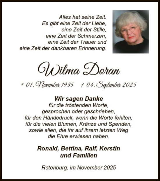 Traueranzeige von Wilma Doran von SYKR