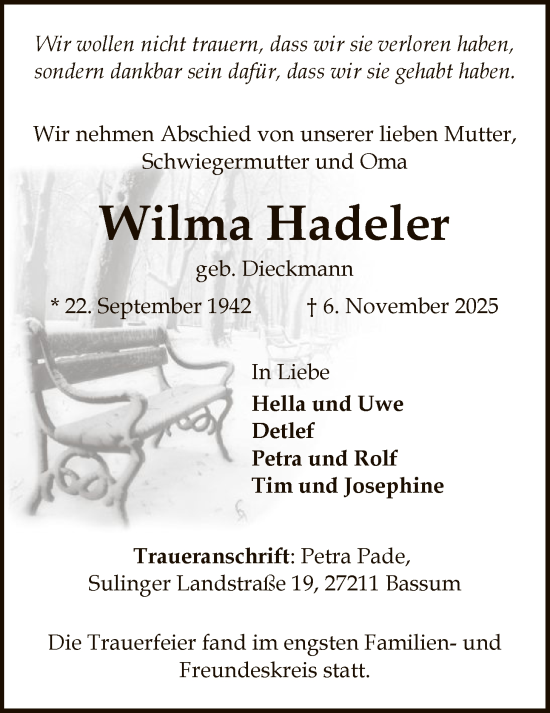 Traueranzeige von Wilma Hadeler von SYKS