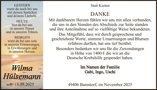 Traueranzeige von Wilma Hülsemann von SYKS