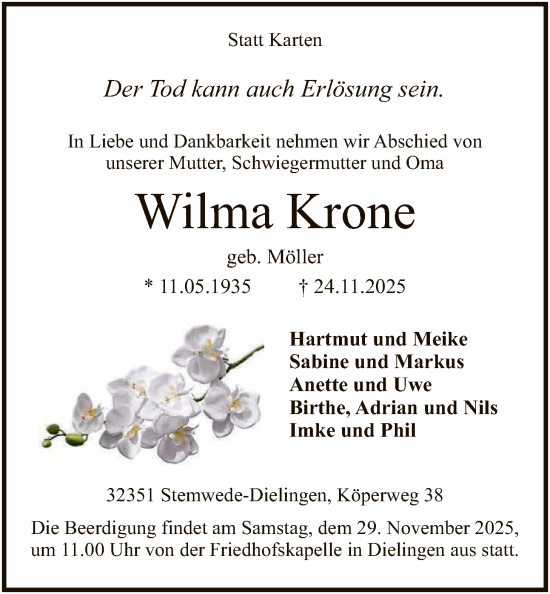 Traueranzeige von Wilma Krone von SYKS