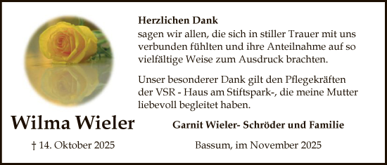Traueranzeige von Wilma Wieler von SYKS
