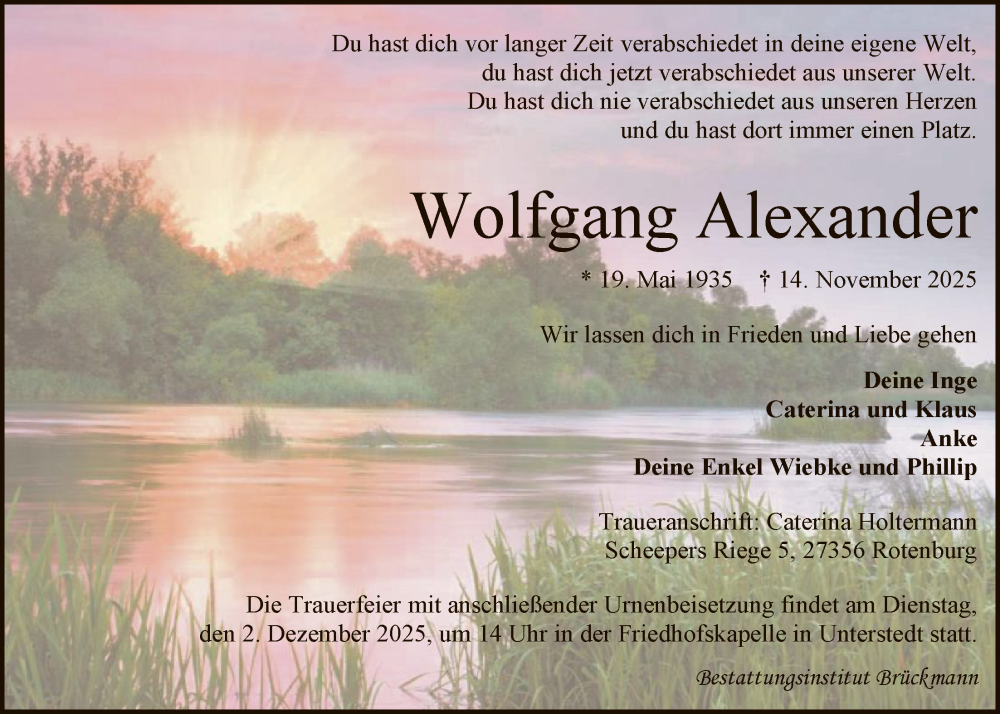  Traueranzeige für Wolfgang  Alexander vom 20.11.2025 aus SYKR