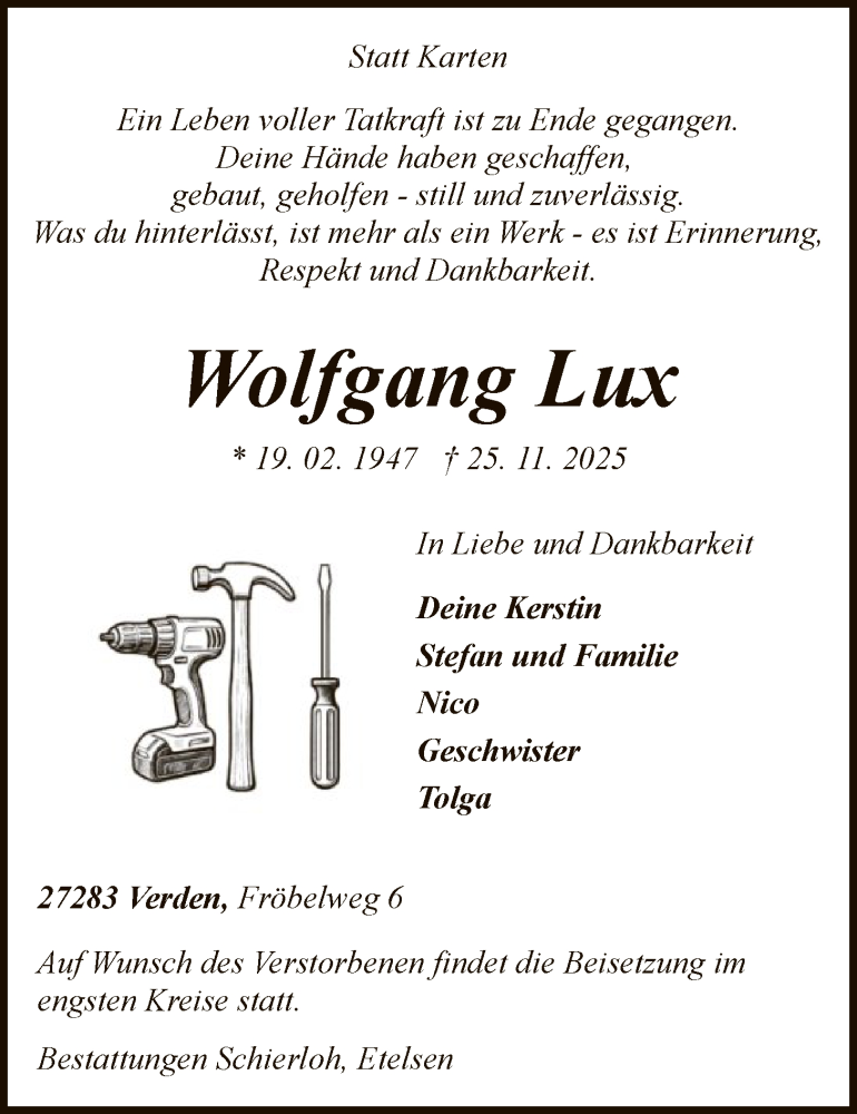  Traueranzeige für Wolfgang Lux vom 29.11.2025 aus SYKS