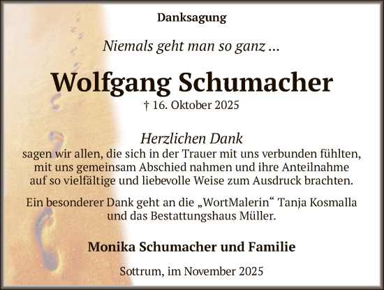 Traueranzeige von Wolfgang Schumacher von SYKR