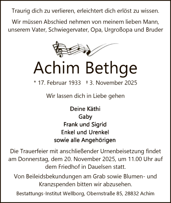 Traueranzeige von Achim Bethge von SYKS