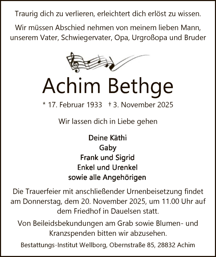  Traueranzeige für Achim Bethge vom 08.11.2025 aus SYKS