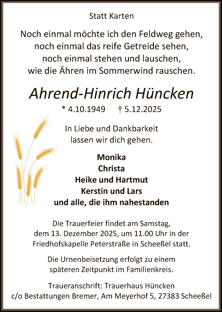  Traueranzeige für Ahrend-Hinrich Hüncken vom 10.12.2025 aus SYKR