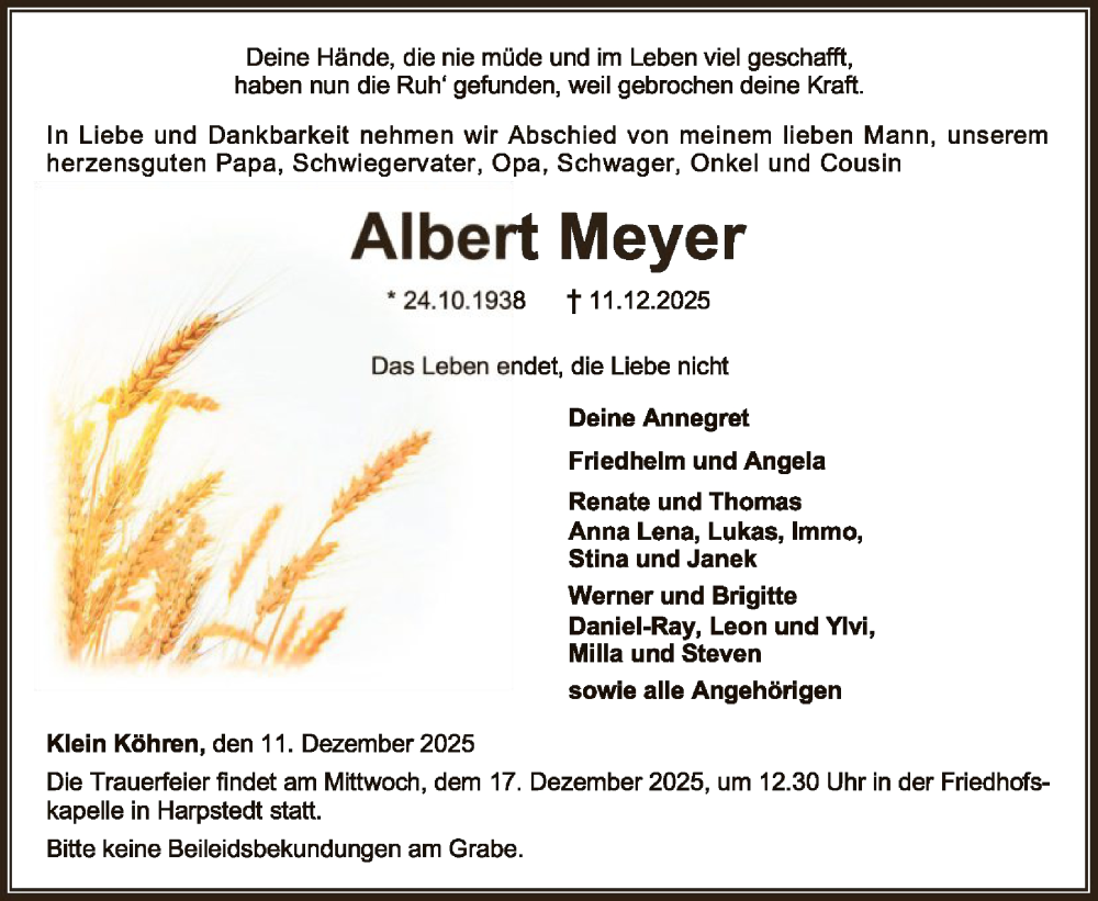  Traueranzeige für Albert Meyer vom 13.12.2025 aus SYKSSYWZ