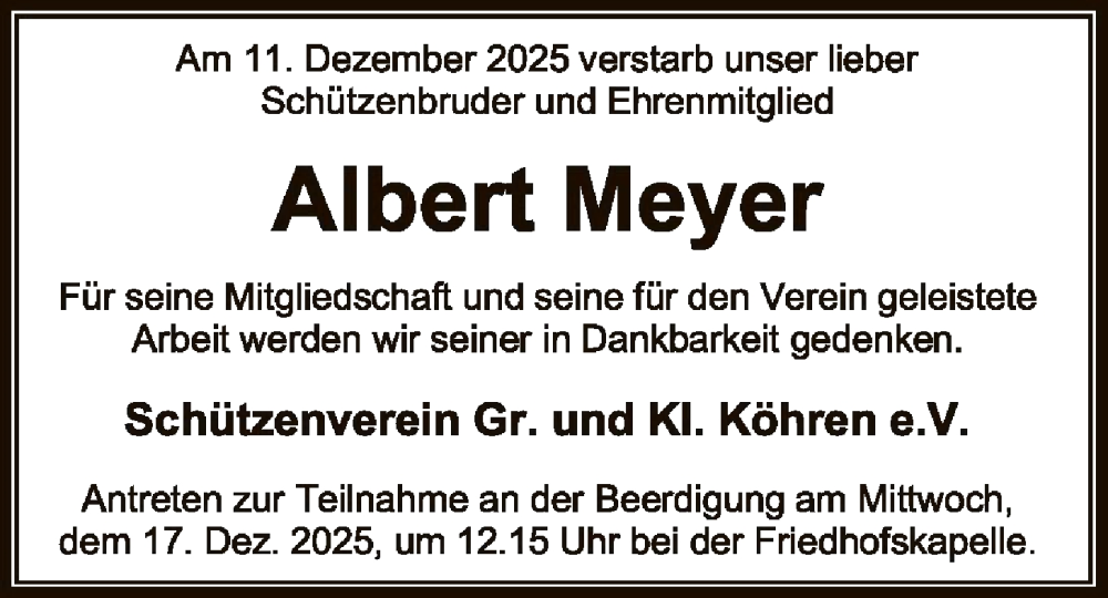  Traueranzeige für Albert Meyer vom 13.12.2025 aus SYKSSYWZ