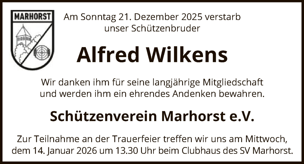  Traueranzeige für Alfred Wilkens vom 31.12.2025 aus SYKS