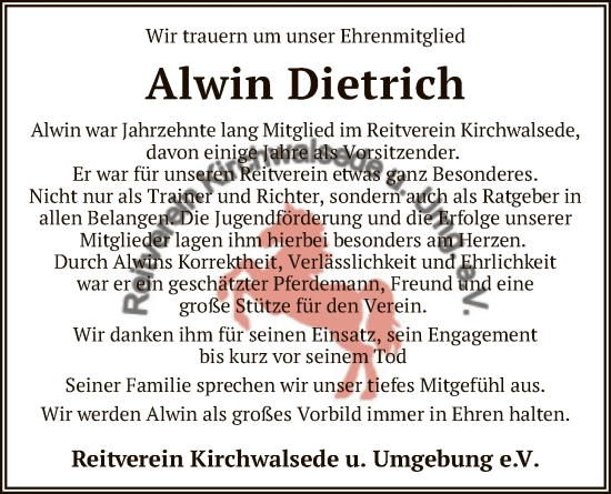 Traueranzeige von Alwin Dietrich von SYKR